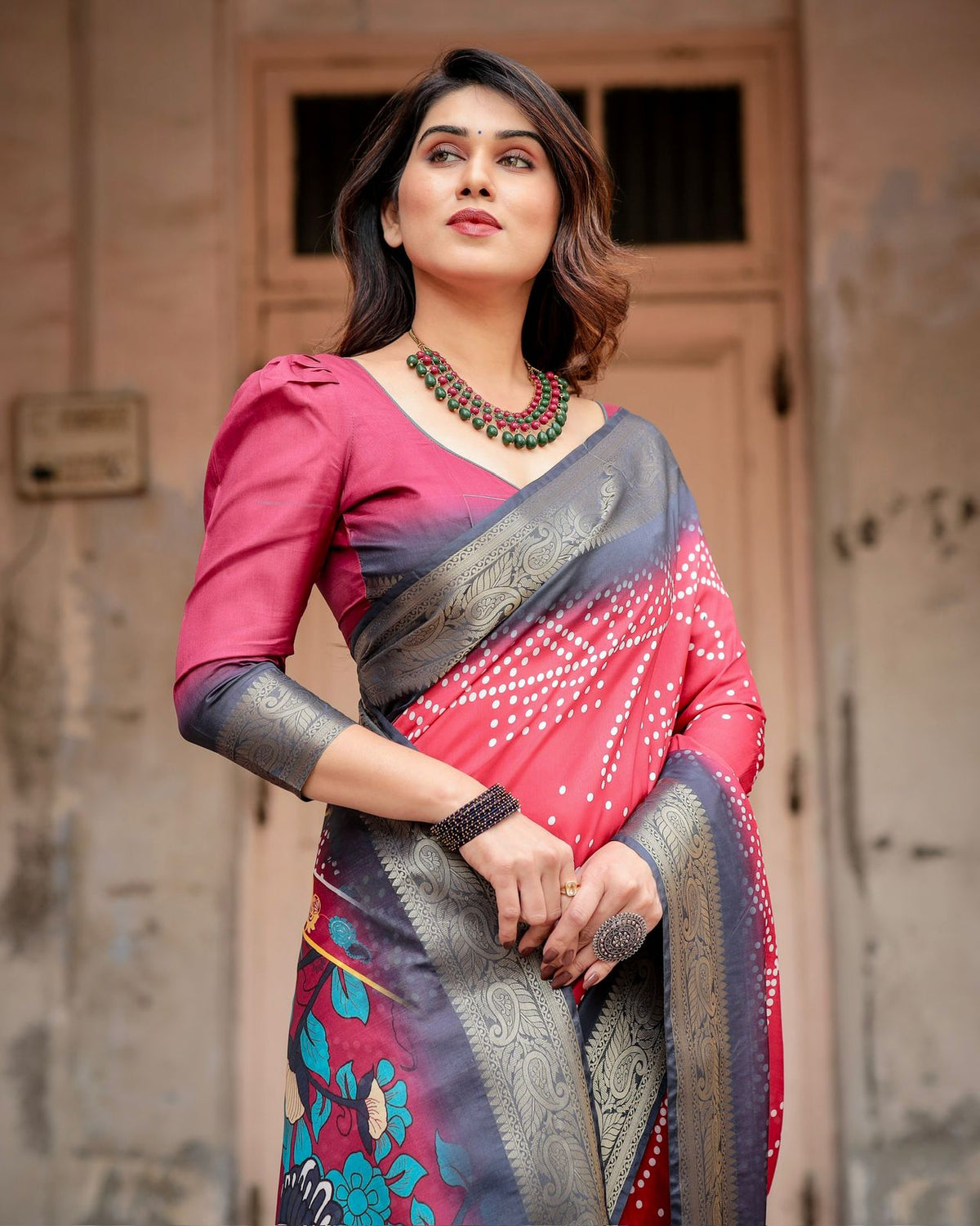 Wine Red Bandhani Print Tussar Silk Saree with Zari for Women