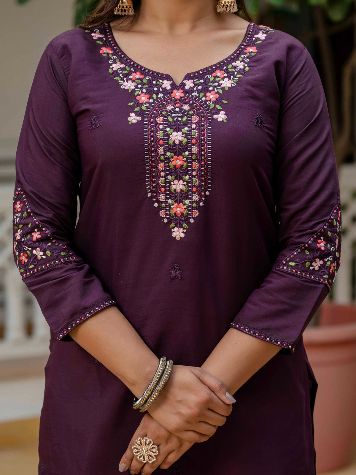 Wine RomanSilk Bandhani Charm Embroidered Salwar suite for Women