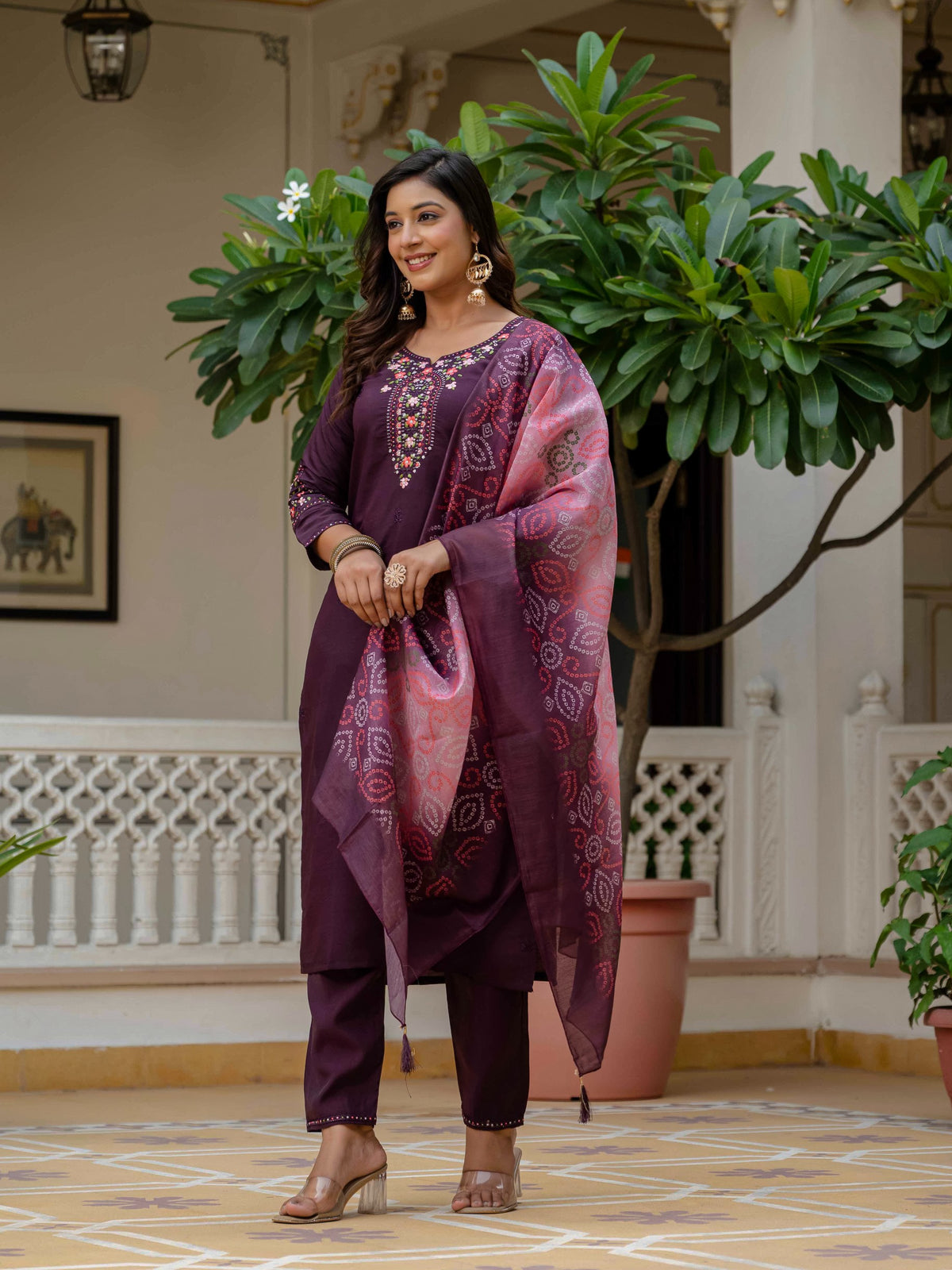 Wine RomanSilk Bandhani Charm Embroidered Salwar suite for Women