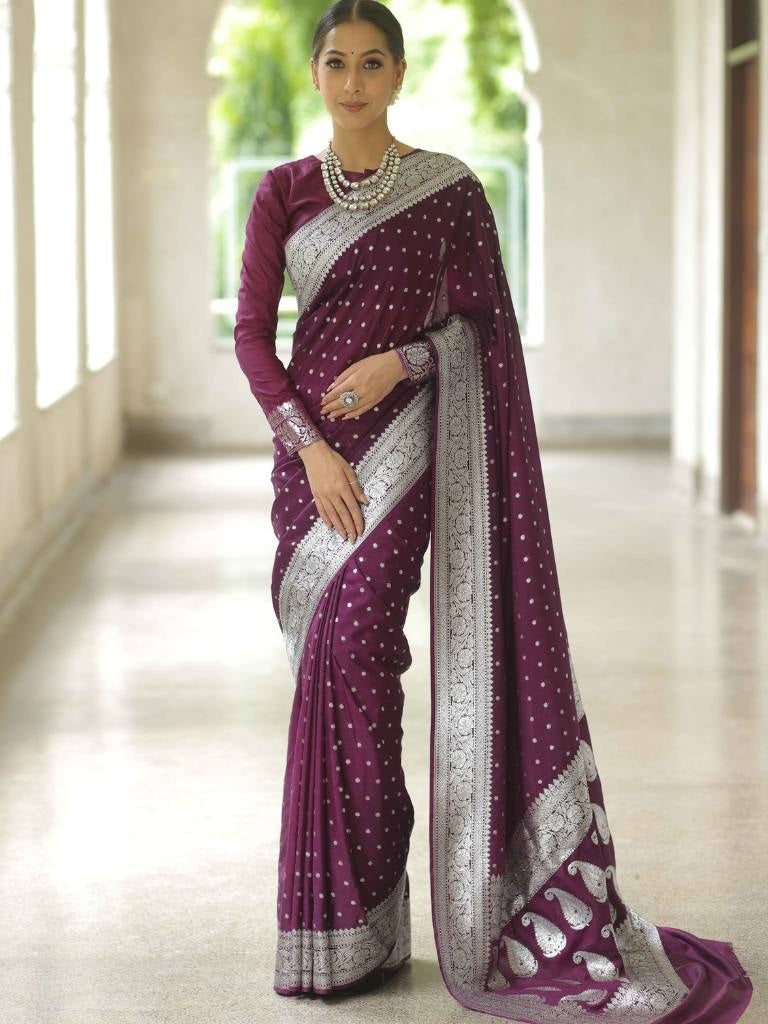 Elegant Wine Banarasi Saree with Silver Zari Border for Women