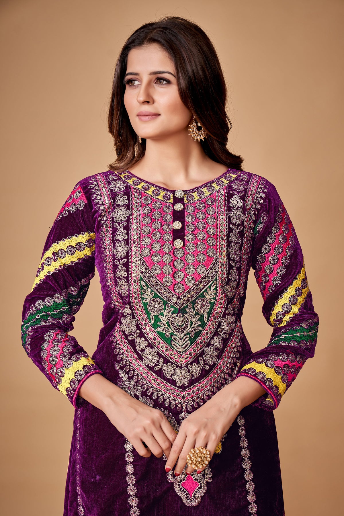 Wine Velvet Embroidered Top and Pant Set with Georgette Dupatta