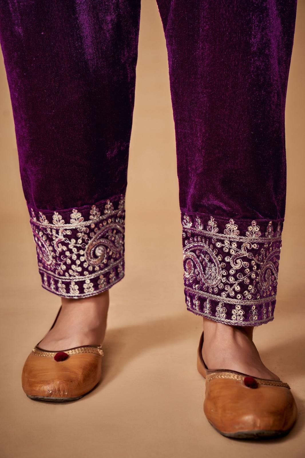 Wine Velvet Embroidered Top and Pant Set with Georgette Dupatta