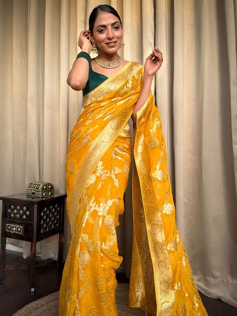Yellow Banarasi Silk Saree With Rich Gold Zari Work for Women