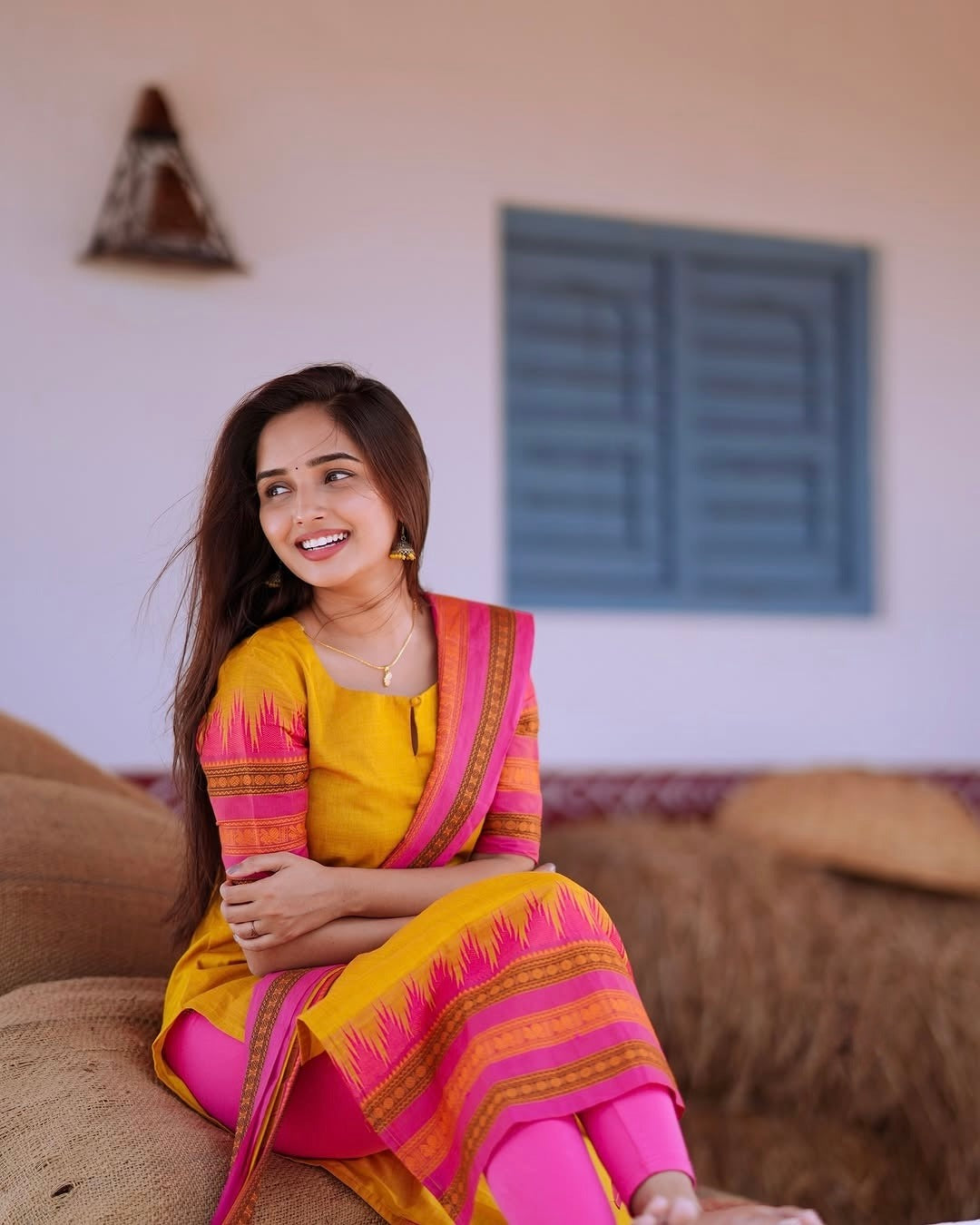 Classic Yellow Cotton Kurti Set with Woven Dupatta for Women