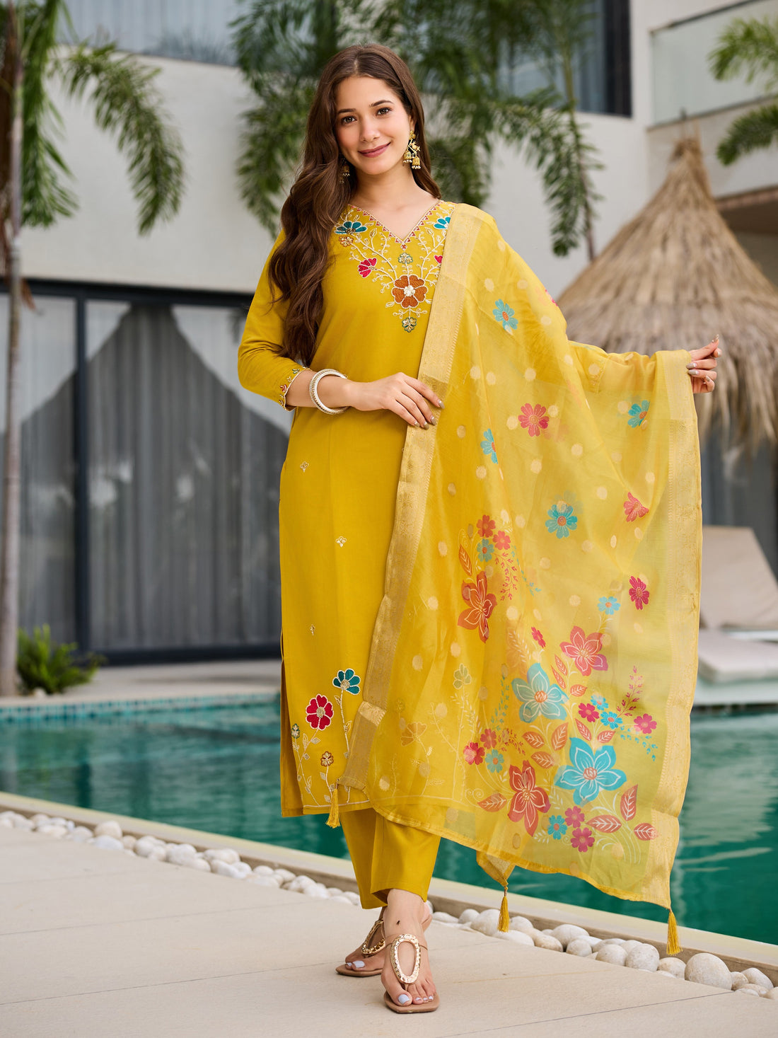 Yellow Kurti with Organza Dupatta for Women