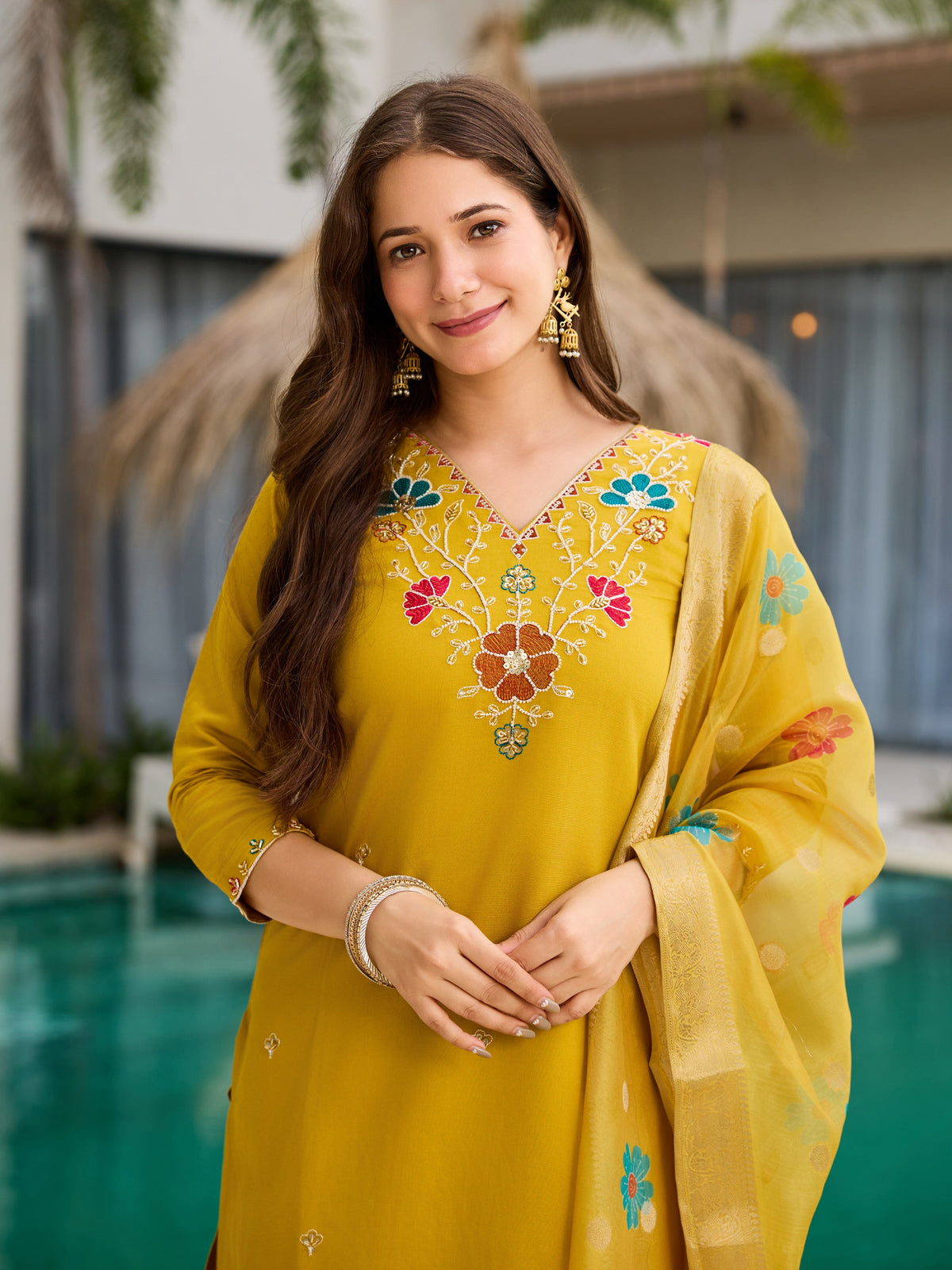 Yellow Kurti with Organza Dupatta for Women