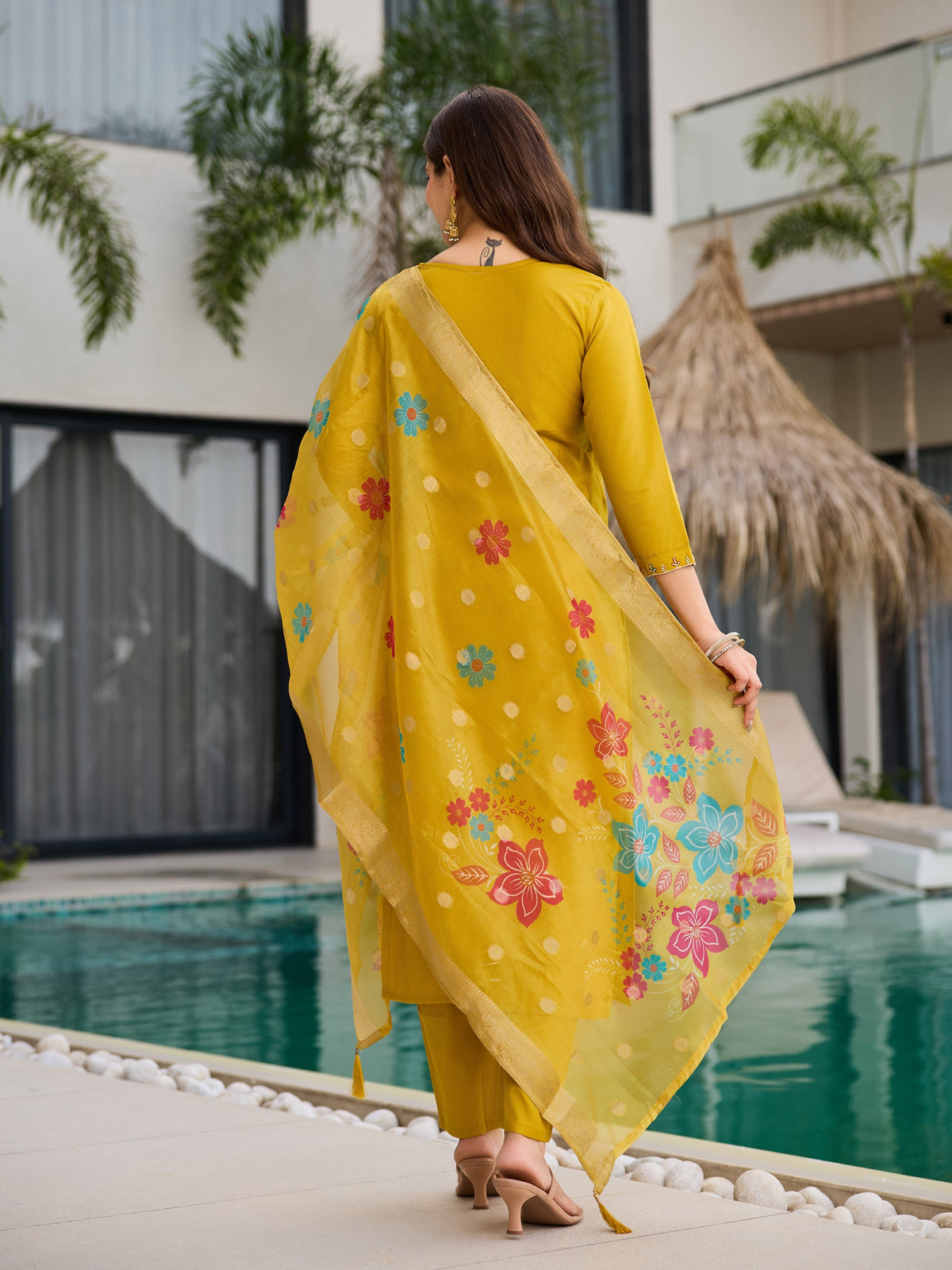 Yellow Kurti with Organza Dupatta for Women