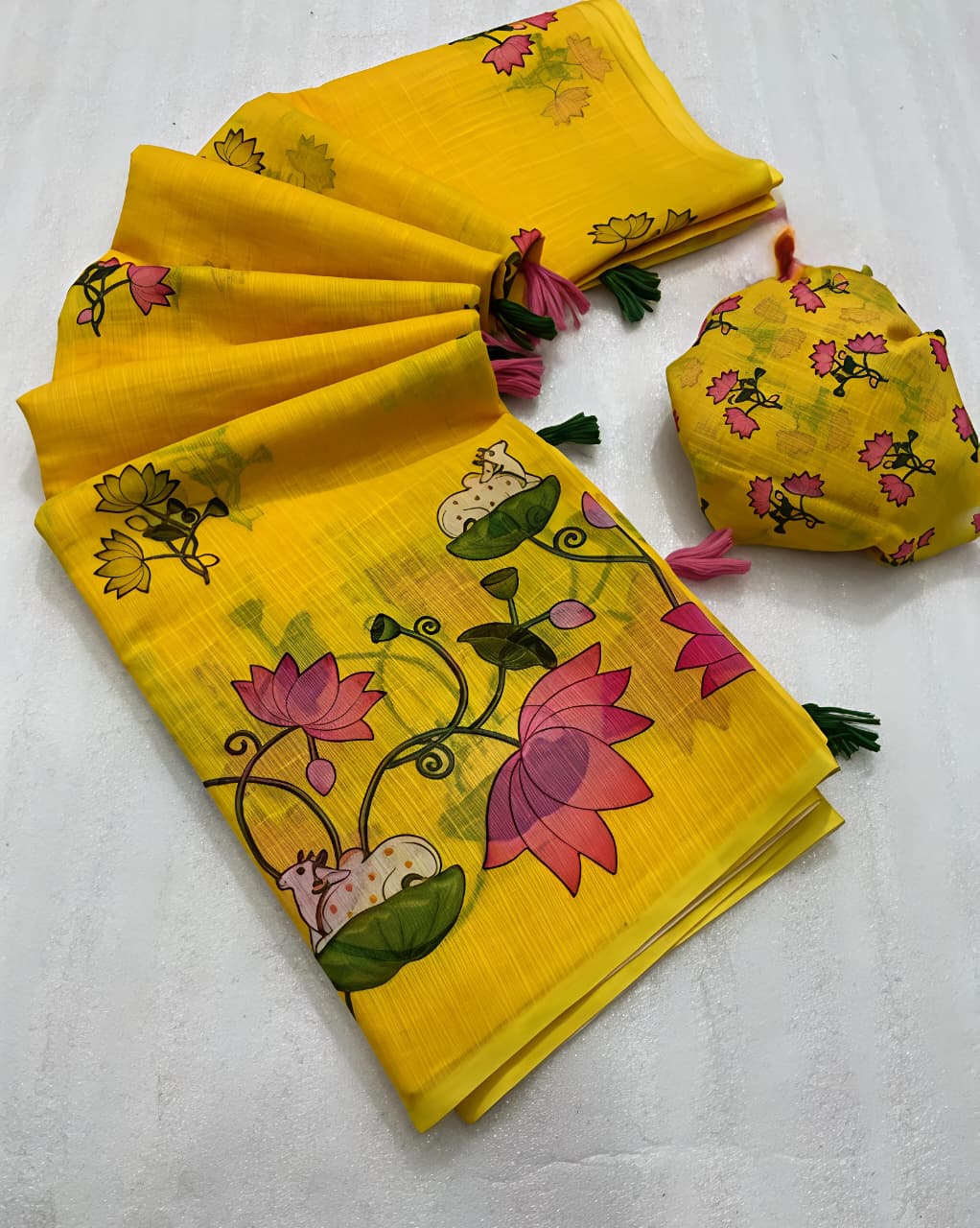 Yellow Lotus Bloom Pichwai Linen Saree for Women