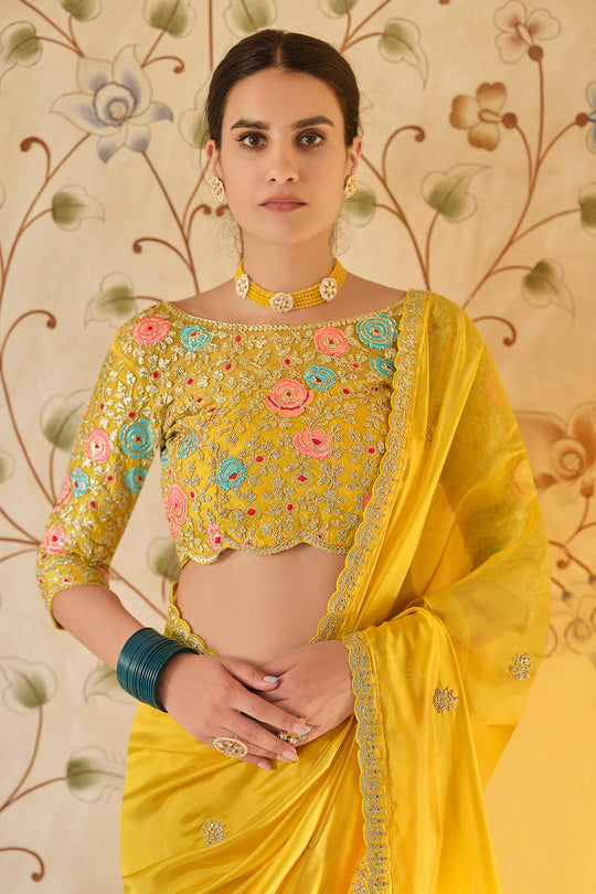 Yellow Organza Embroidered Saree with Unstitched Net Blouse for Women