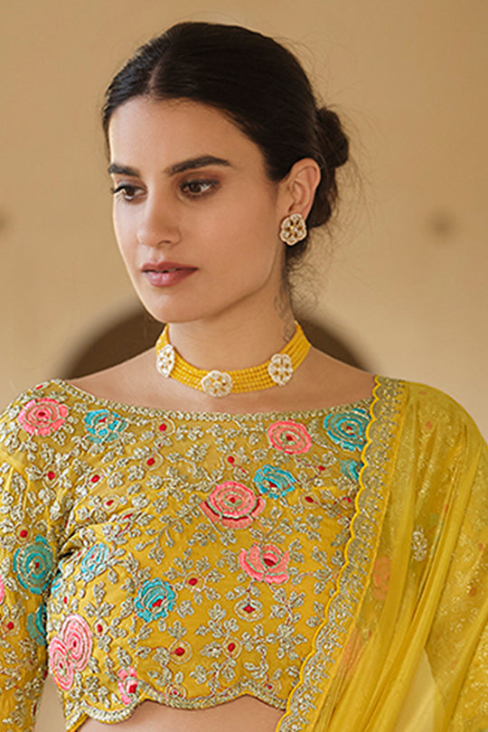 Yellow Organza Embroidered Saree with Unstitched Net Blouse for Women