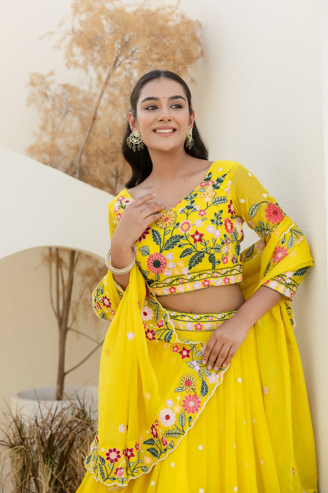Yellow Organza Floral Embroidered Lehenga Choli with Sequins and
