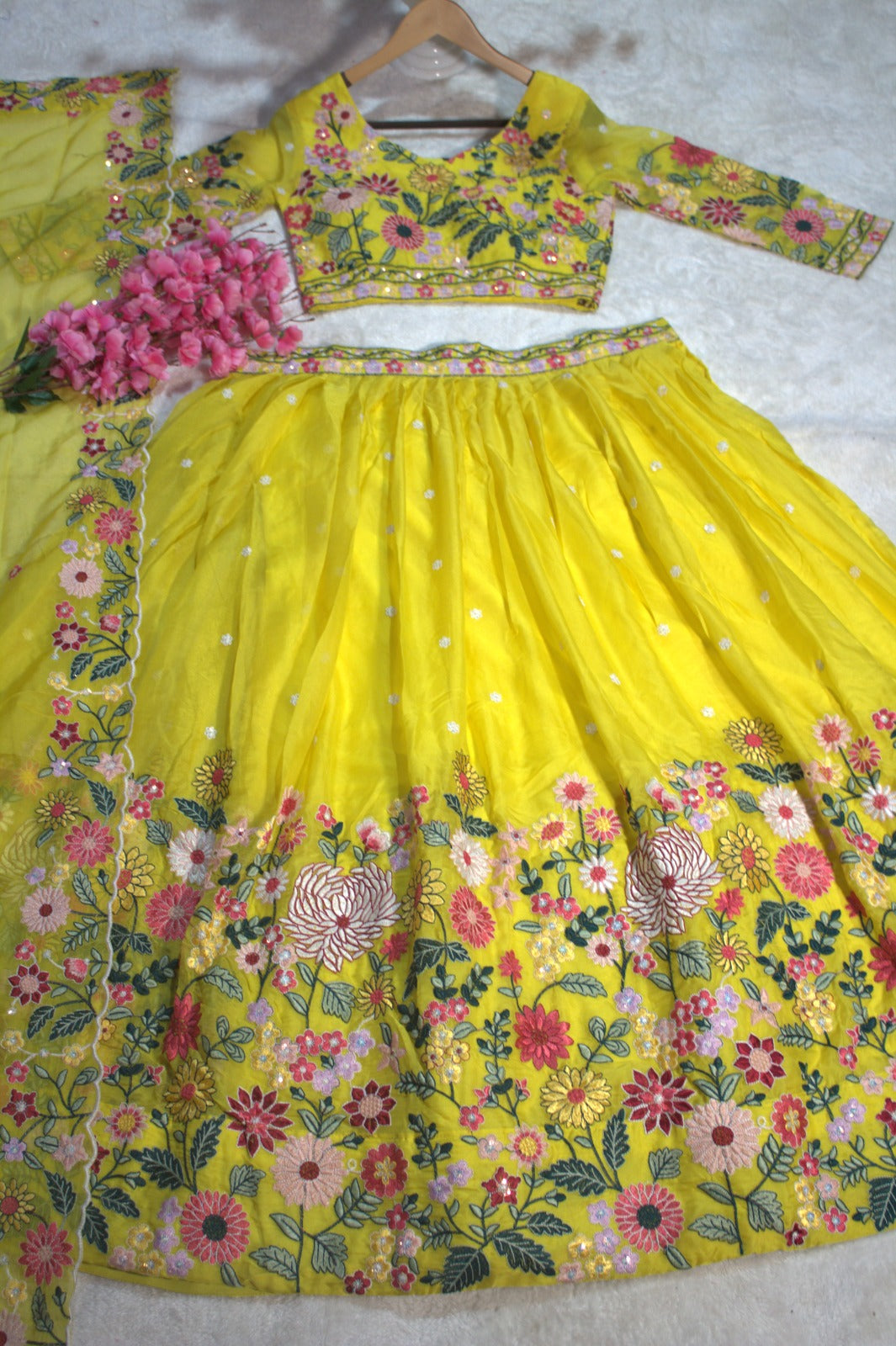 Yellow Organza Floral Embroidered Lehenga Choli with Sequins and