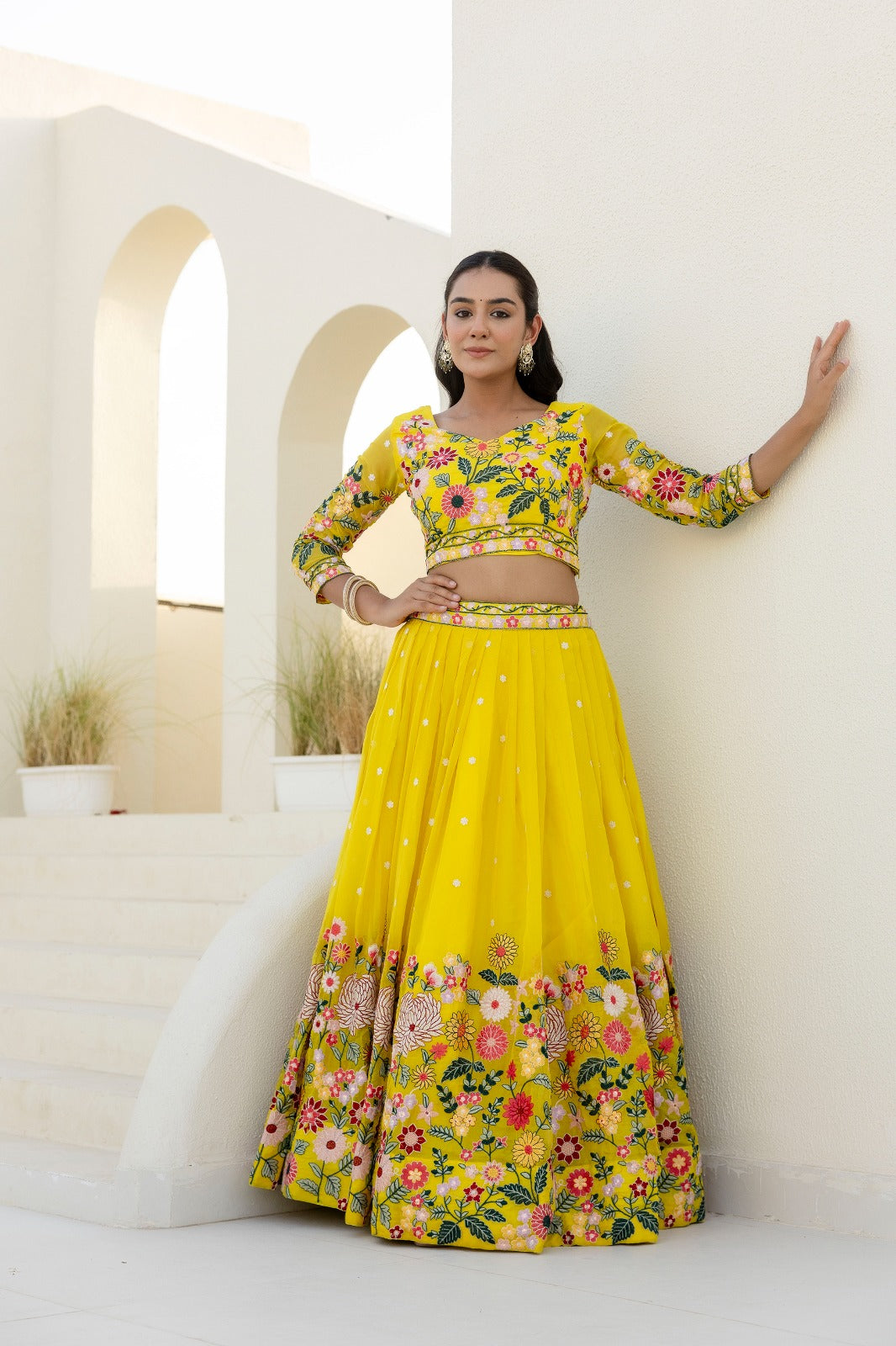 Yellow Organza Floral Embroidered Lehenga Choli with Sequins and