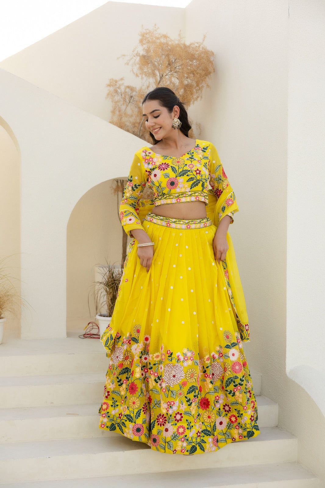 Yellow Organza Floral Embroidered Lehenga Choli with Sequins and