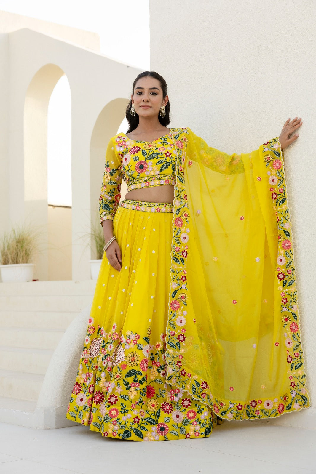 Yellow Organza Floral Embroidered Lehenga Choli with Sequins and