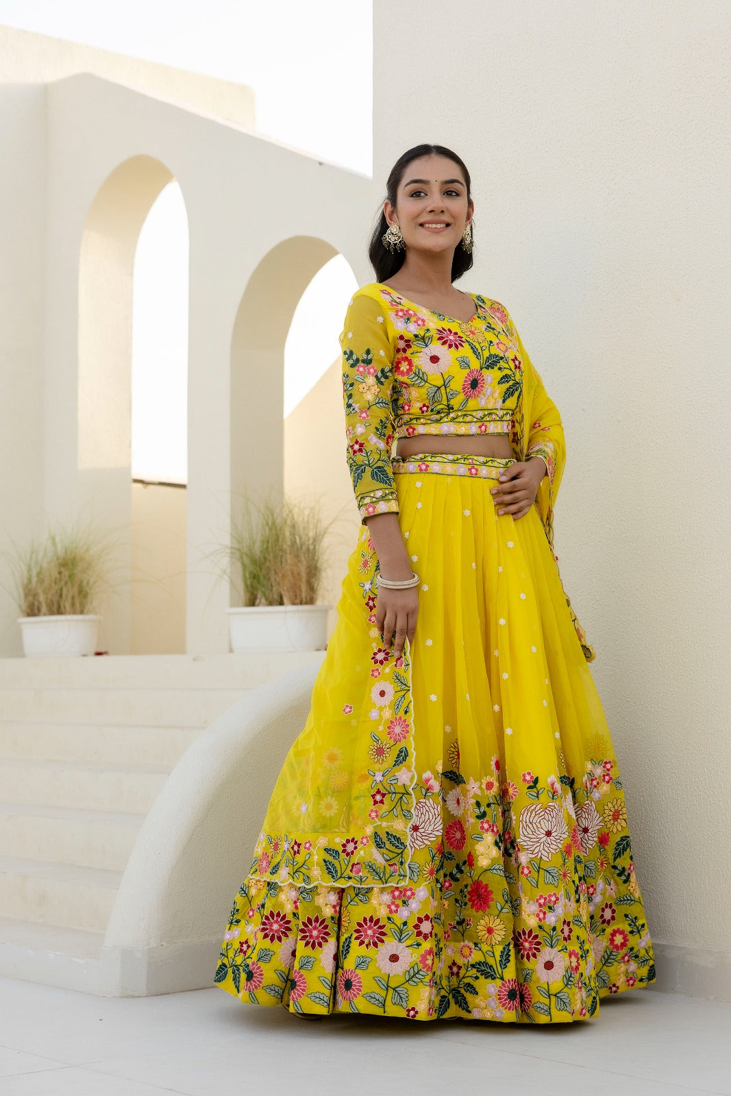 Yellow Organza Floral Embroidered Lehenga Choli with Sequins and