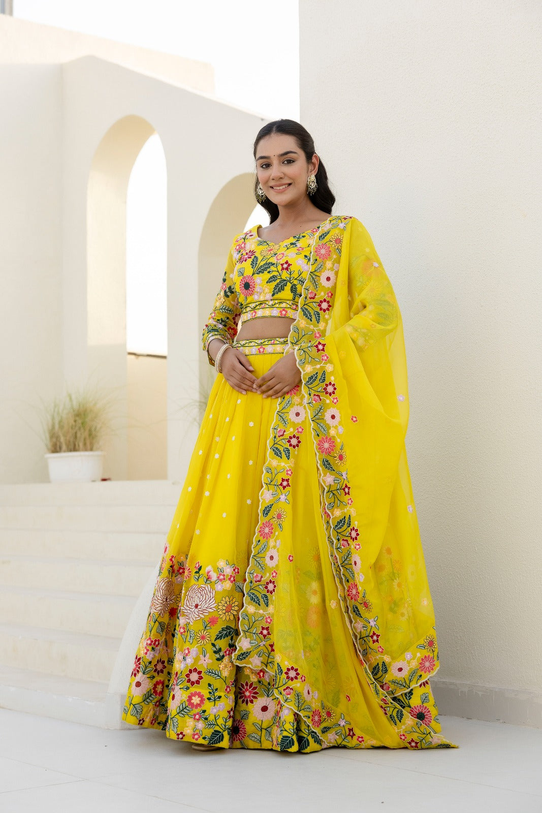 Yellow Organza Floral Embroidered Lehenga Choli with Sequins and