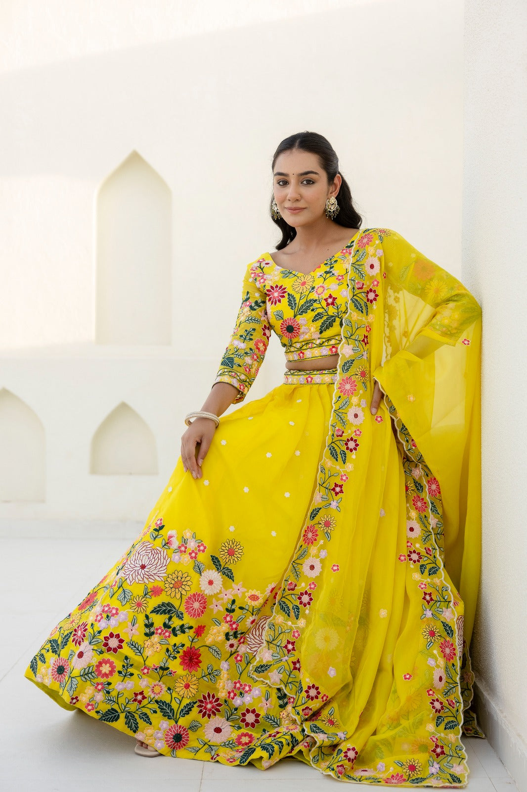 Yellow Organza Floral Embroidered Lehenga Choli with Sequins and