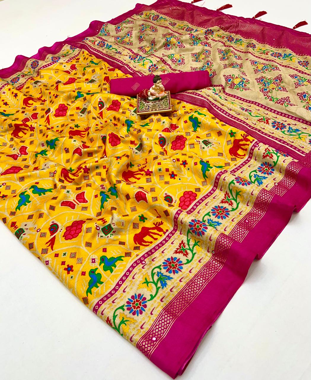 Mustard Yellow Patola Print Soft Pashmina Silk Designer Saree