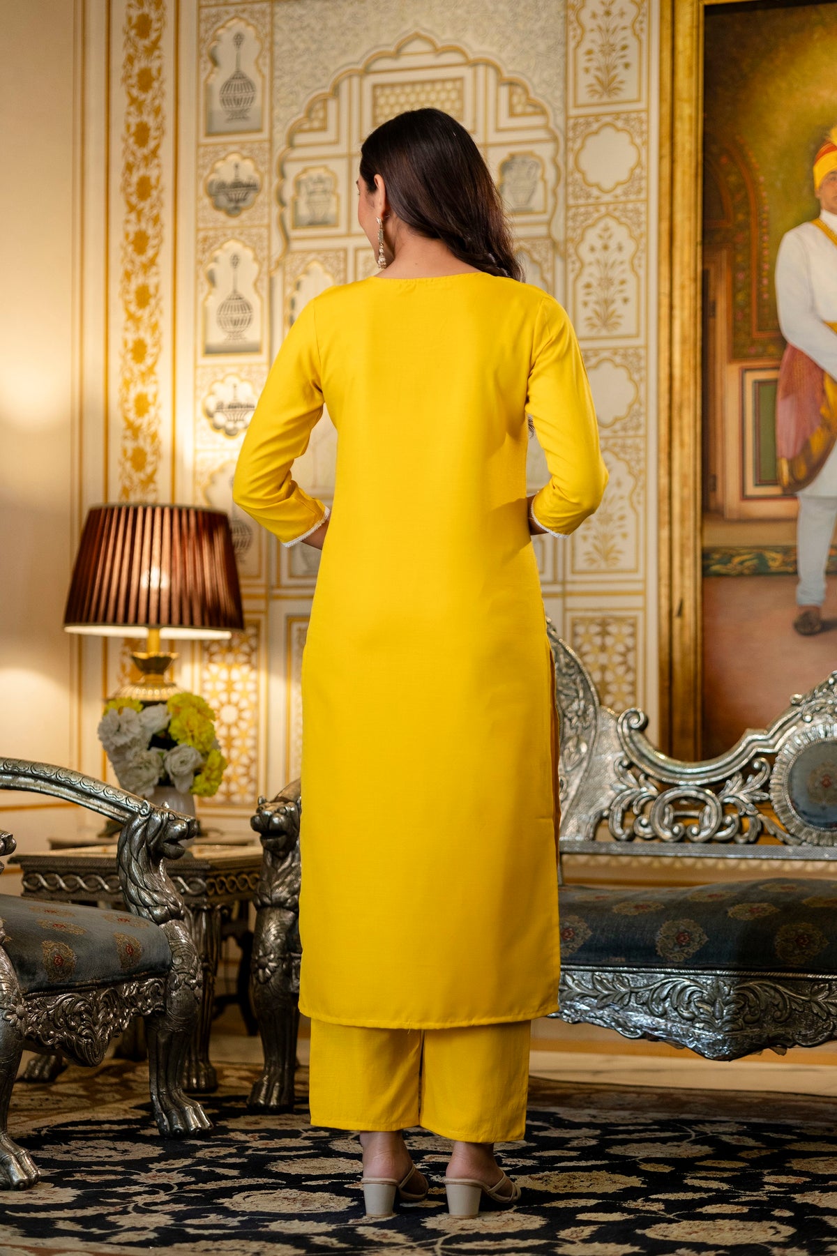Yellow Rayon Kurta Set with Floral Organza Dupatta for Women