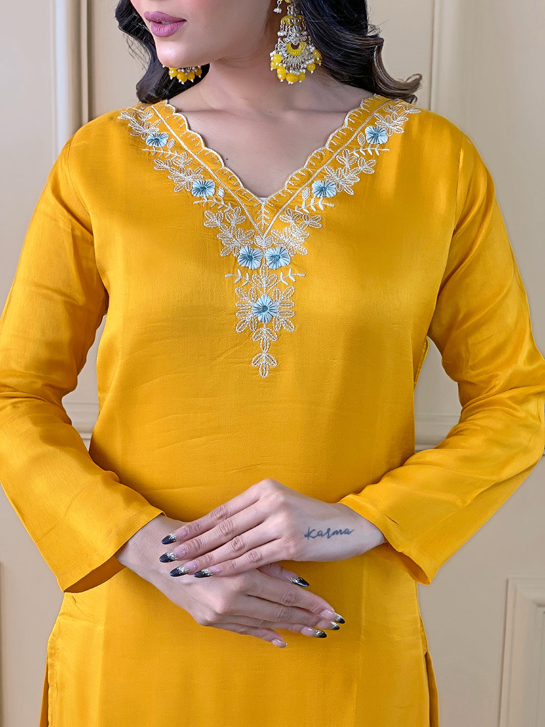 Yellow Readymade Chanderi Embroidered Salwar Suit for Women