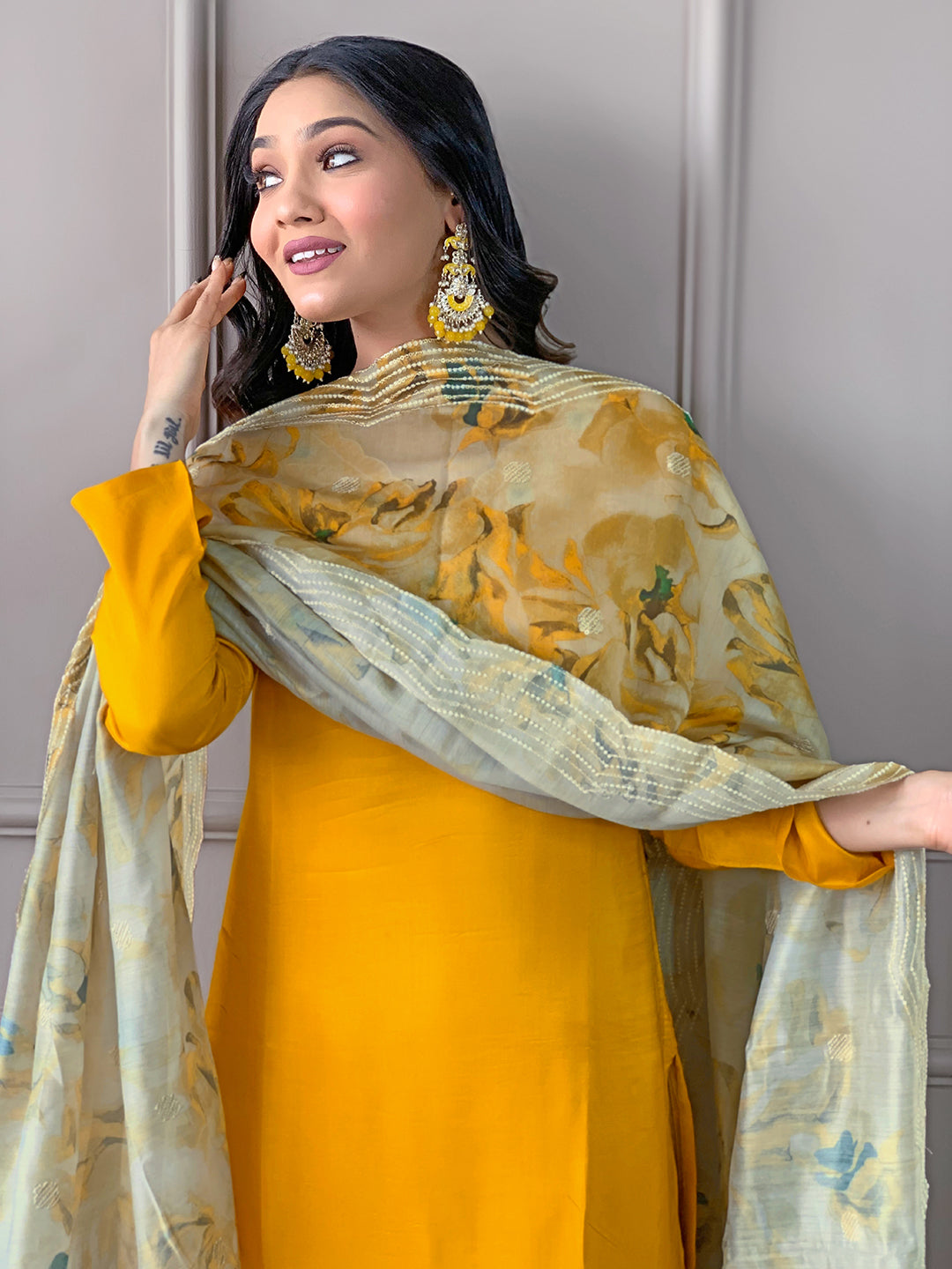 Yellow Readymade Chanderi Embroidered Salwar Suit for Women