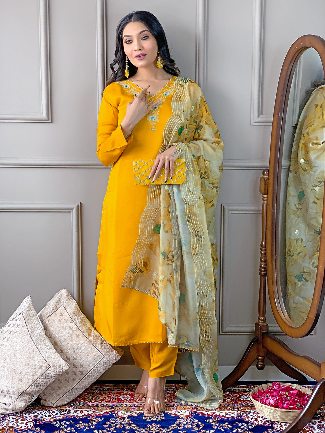 Yellow Readymade Chanderi Embroidered Salwar Suit for Women