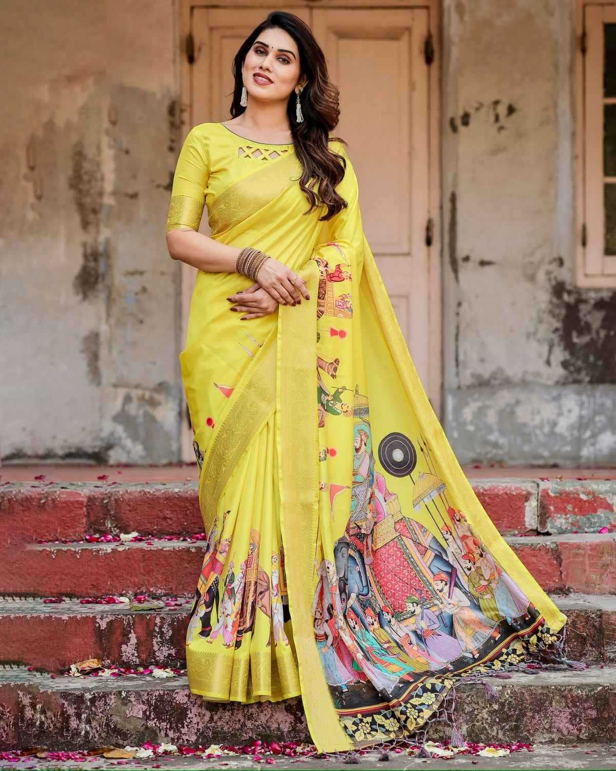 Yellow Heritage Digital Print Silk Saree with Zari Border & for Women