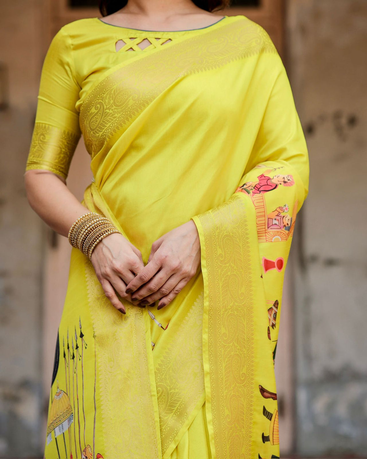Yellow Heritage Digital Print Silk Saree with Zari Border & for Women