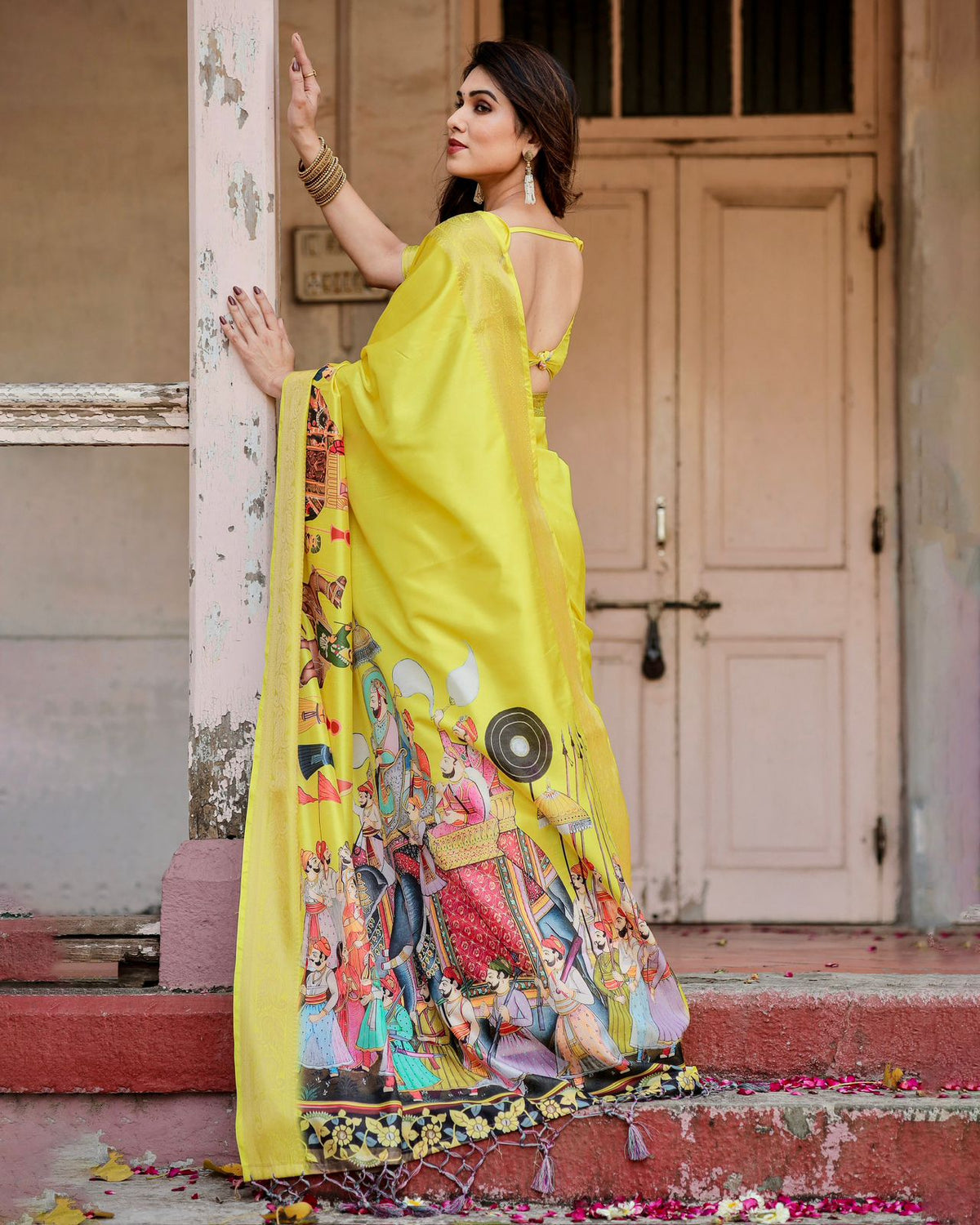 Yellow Heritage Digital Print Silk Saree with Zari Border & for Women