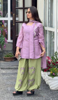 Lavender Chanderi Kurta with Olive Embroidered Palazzo Suit