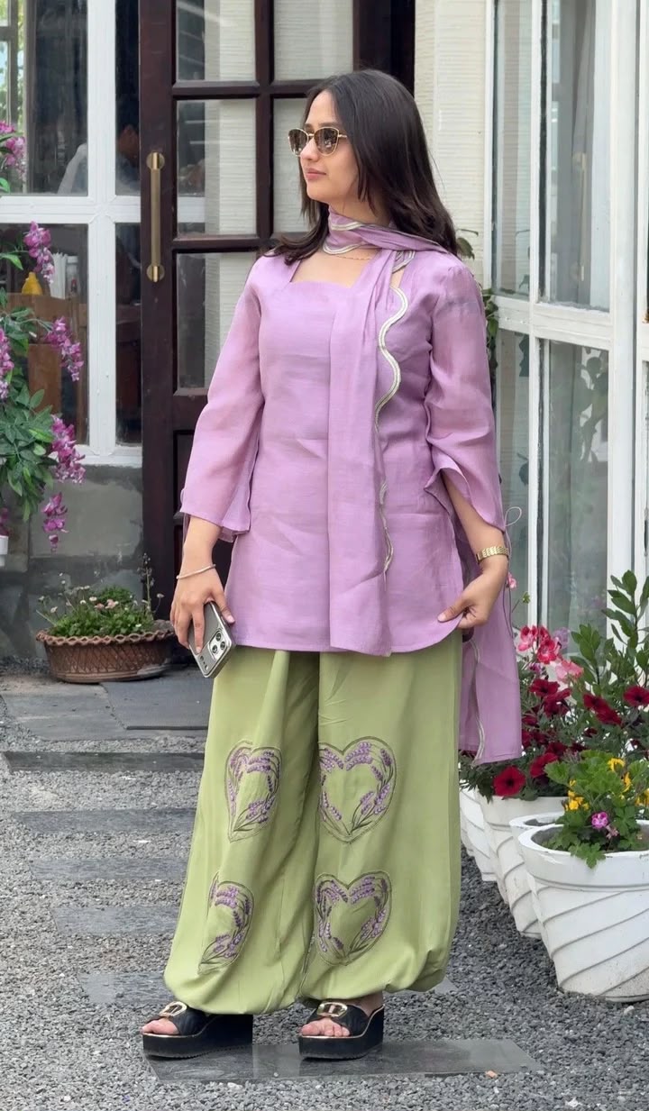 Lavender Chanderi Kurta with Olive Embroidered Palazzo Suit