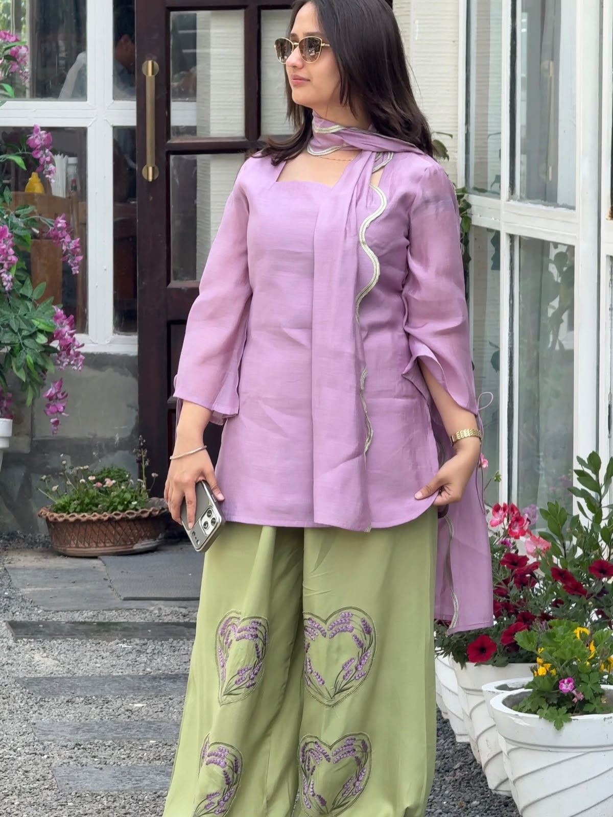 Lavender Chanderi Kurta with Olive Embroidered Palazzo Suit for Women