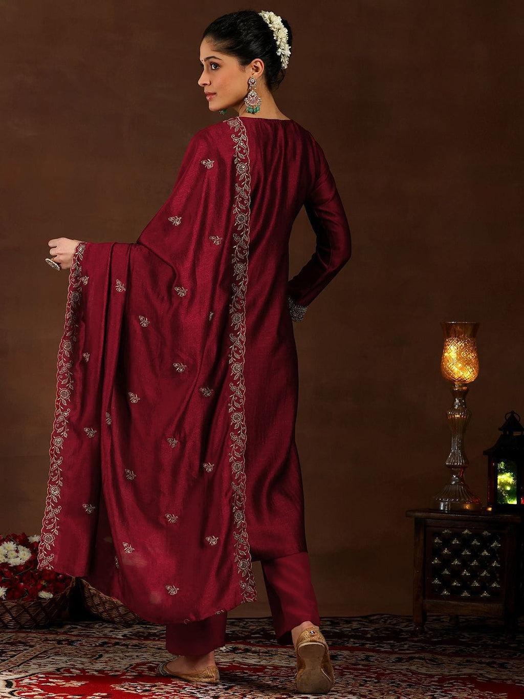 Maroon Pure Vichitra Silk Embroidered Kurta Set | VARNAVI