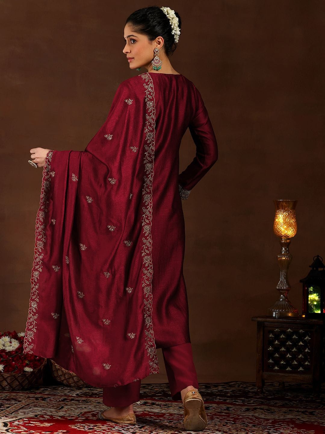 Maroon Pure Vichitra Silk Embroidered Kurta Set | VARNAVI