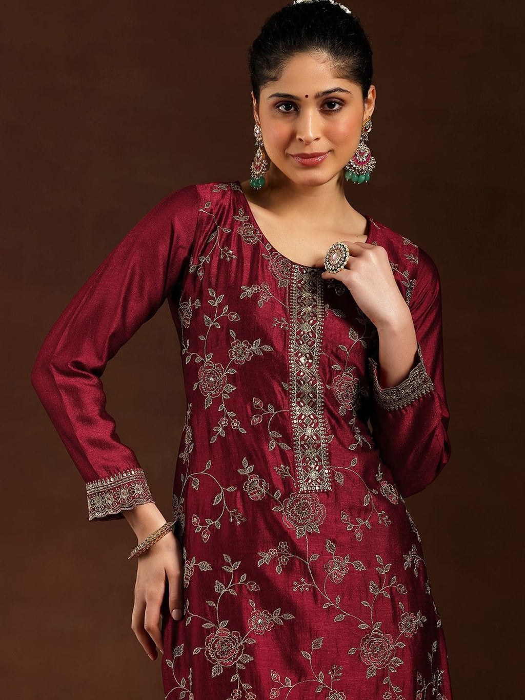 Maroon Pure Vichitra Silk Embroidered Kurta Set | VARNAVI