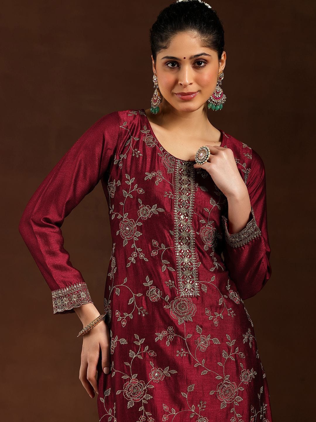 Maroon Pure Vichitra Silk Embroidered Kurta Set | VARNAVI