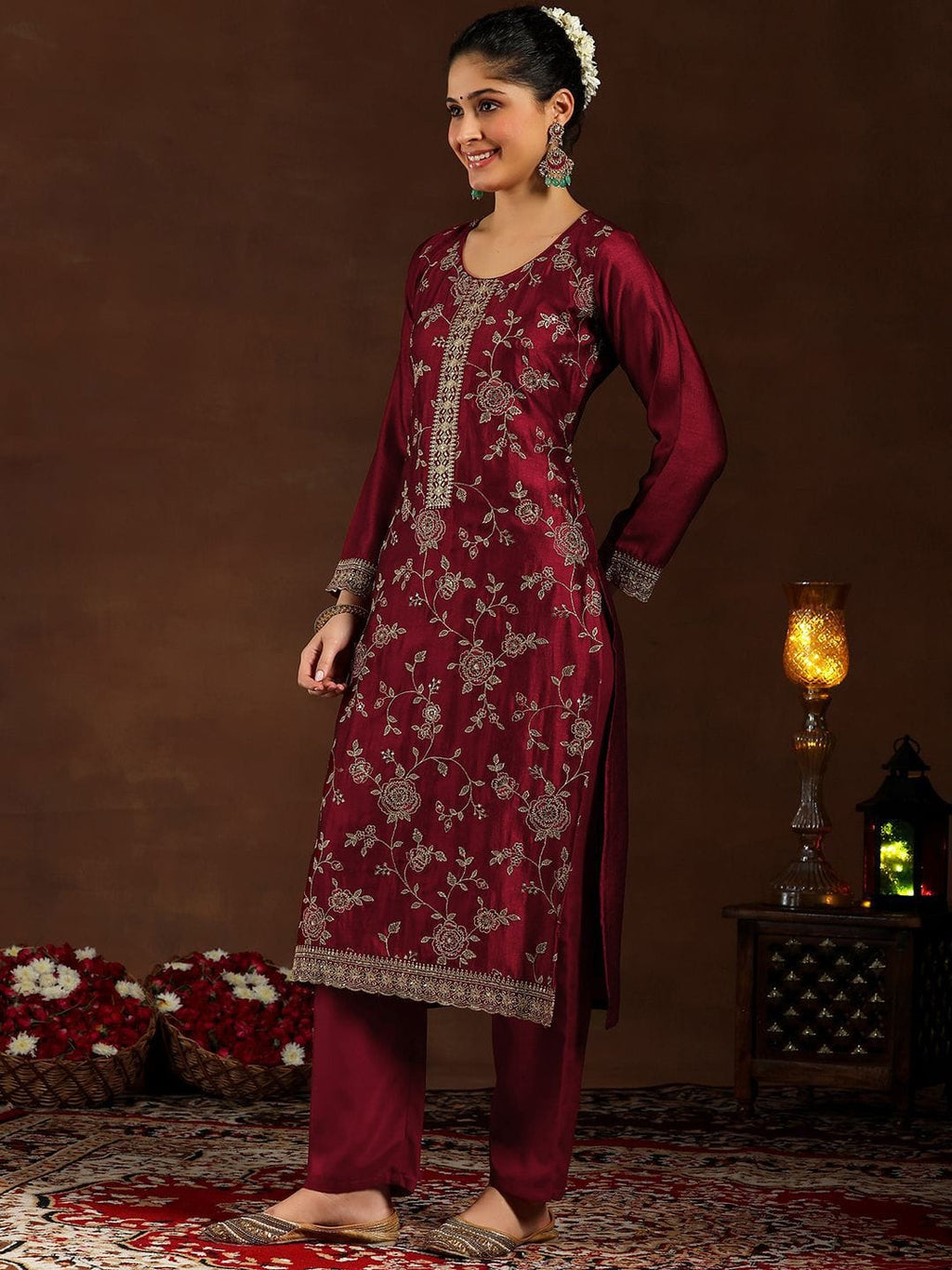 Maroon Pure Vichitra Silk Embroidered Kurta Set | VARNAVI