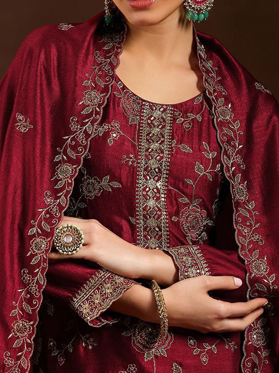 Maroon Pure Vichitra Silk Embroidered Kurta Set | VARNAVI