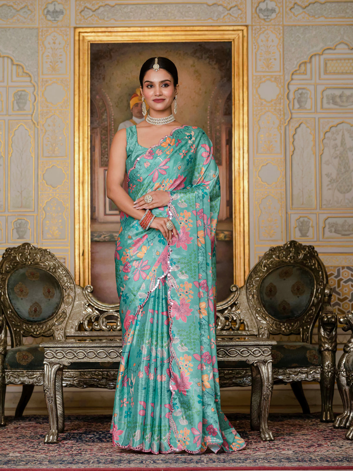 Turquoise Floral Heavy Chinnon Ready to Wear Saree for Women