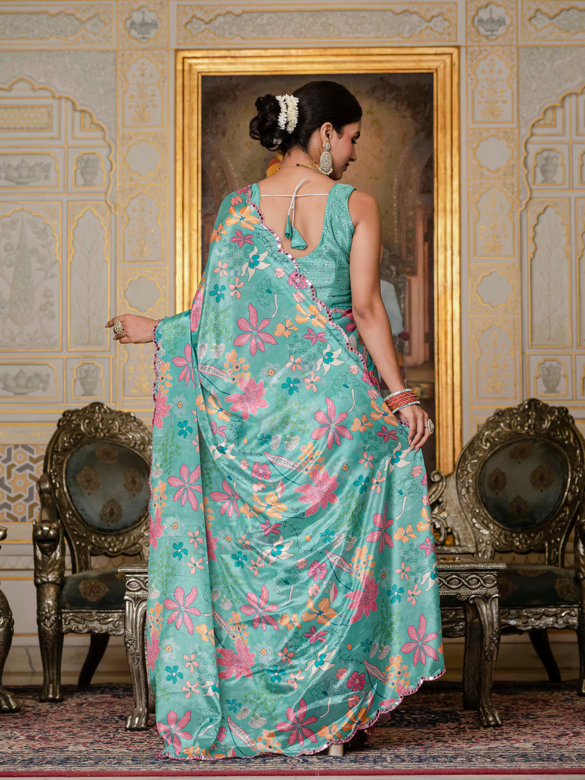 Turquoise Floral Heavy Chinnon Ready to Wear Saree for Women