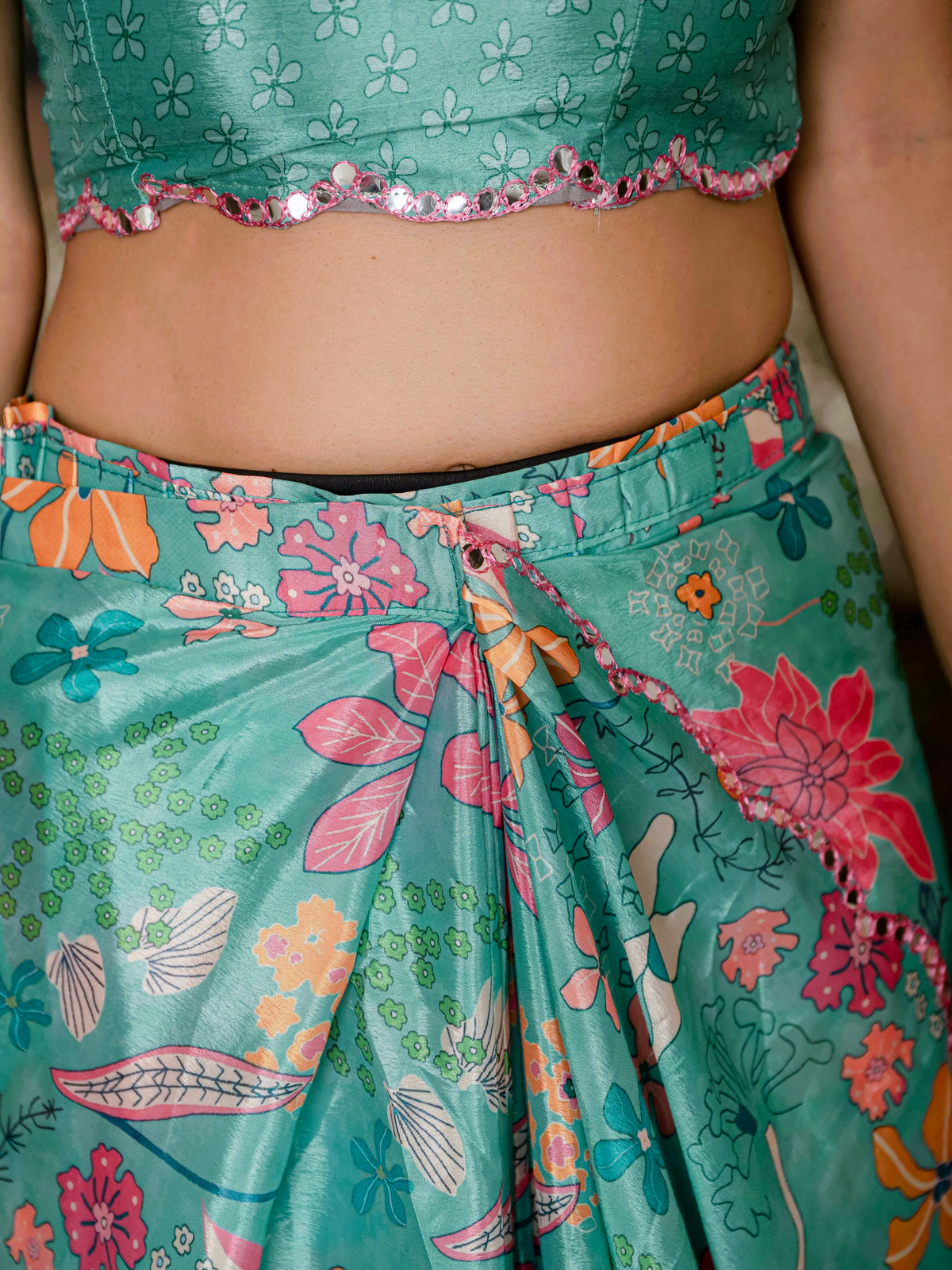 Turquoise Floral Heavy Chinnon Ready to Wear Saree for Women