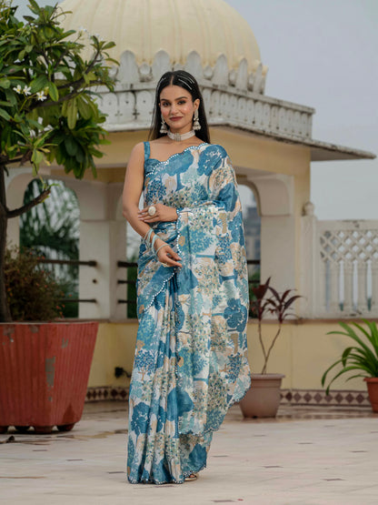Floral Chinnon Ready to Wear Saree with Mirror Lace for Women