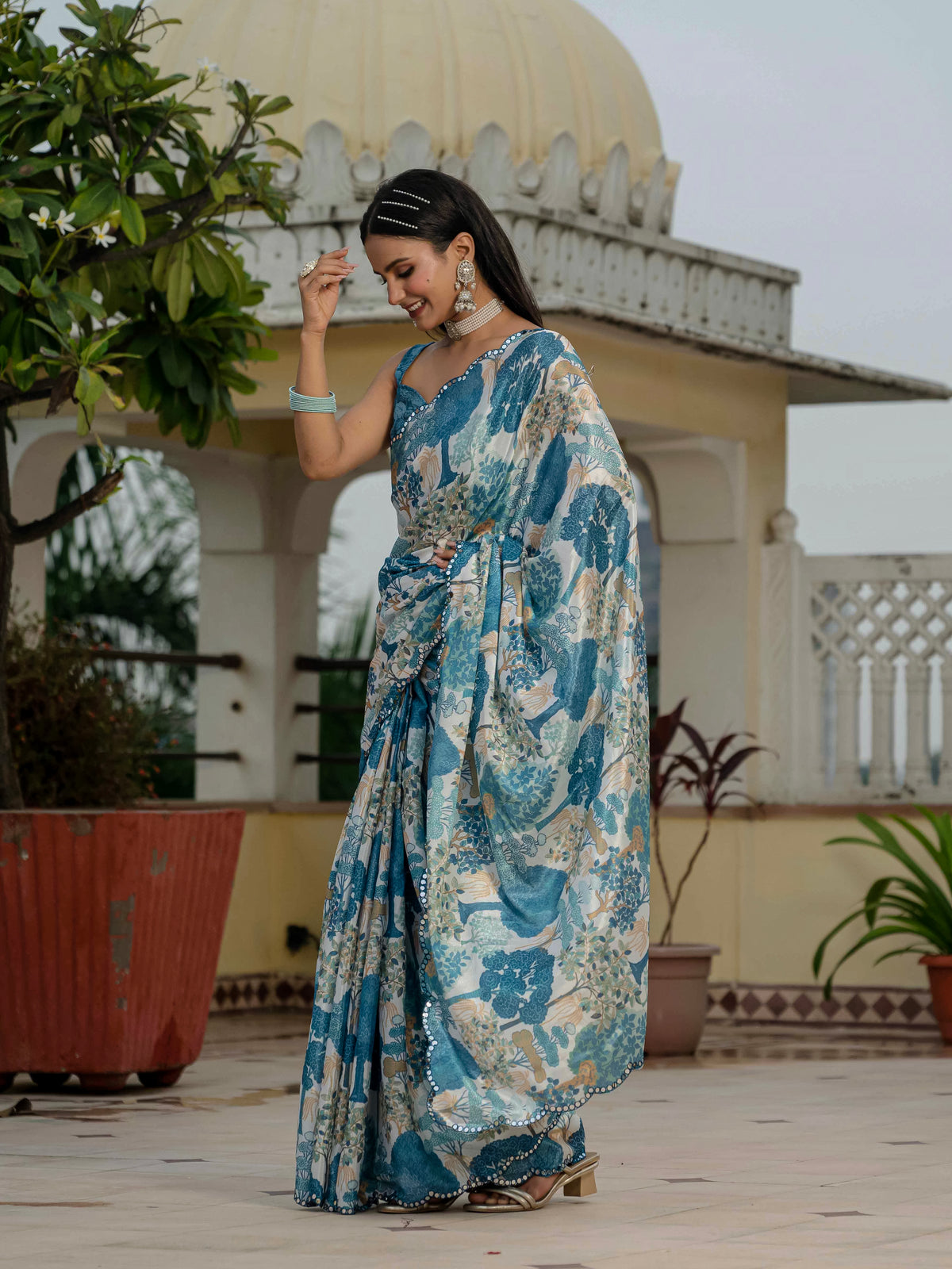 Floral Chinnon Ready to Wear Saree with Mirror Lace for Women