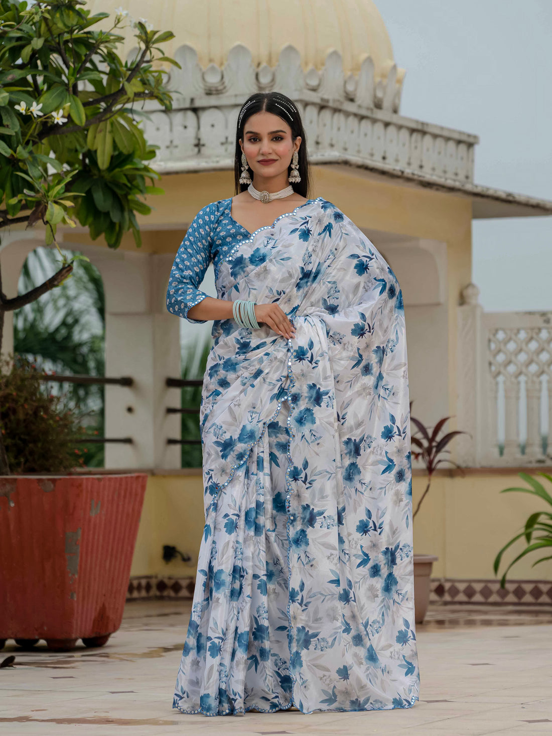 White Blue Floral Chinnon Ready to Wear Saree for Women