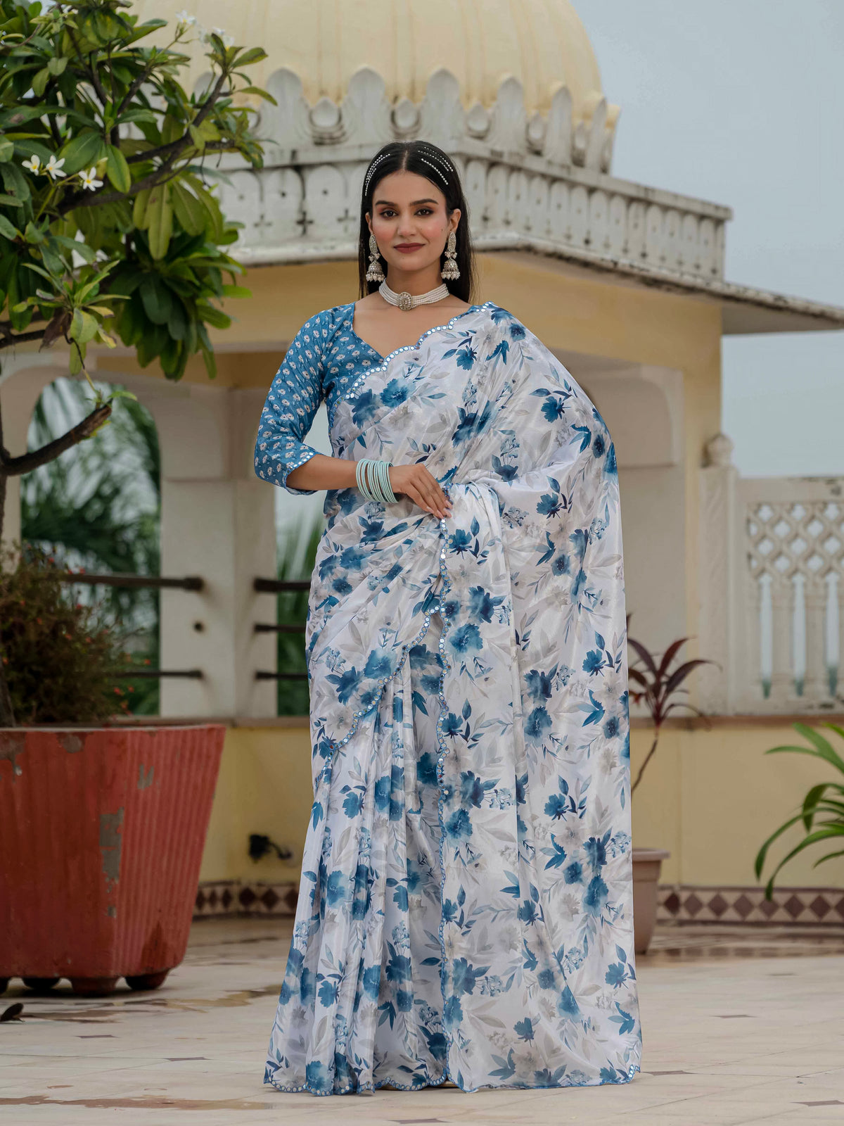White Blue Floral Chinnon Ready to Wear Saree for Women