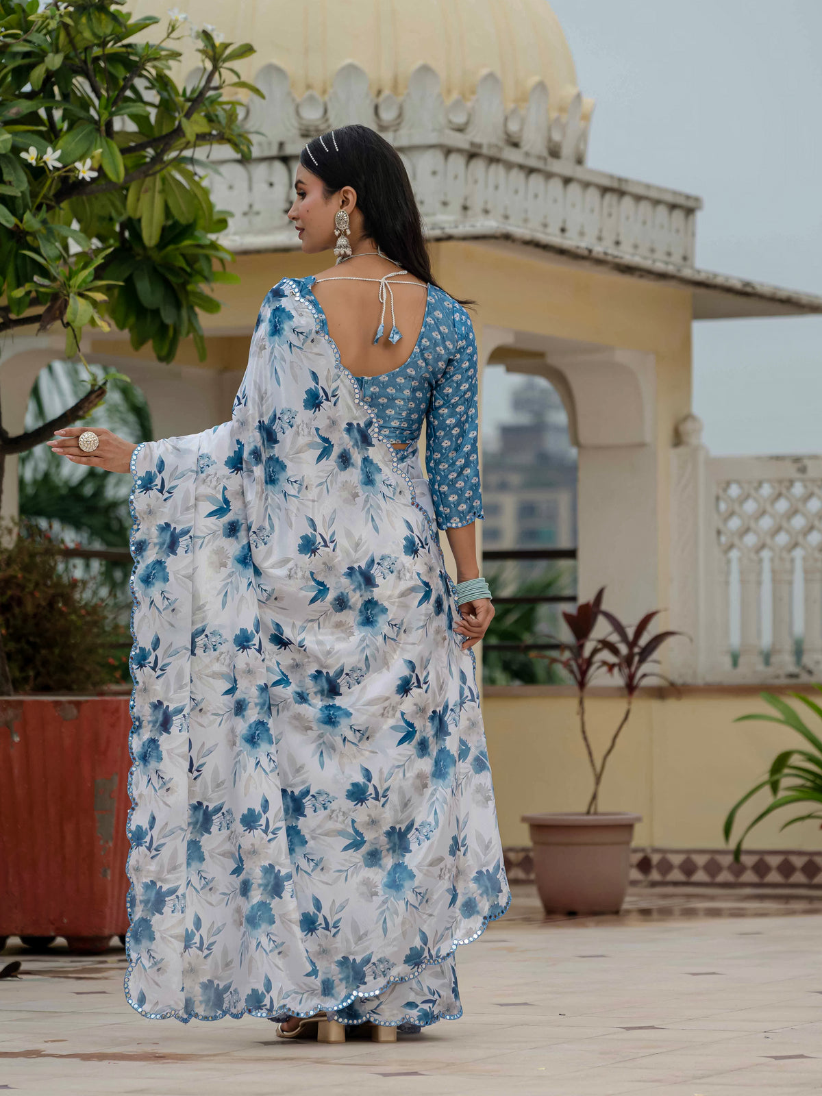 White Blue Floral Chinnon Ready to Wear Saree for Women
