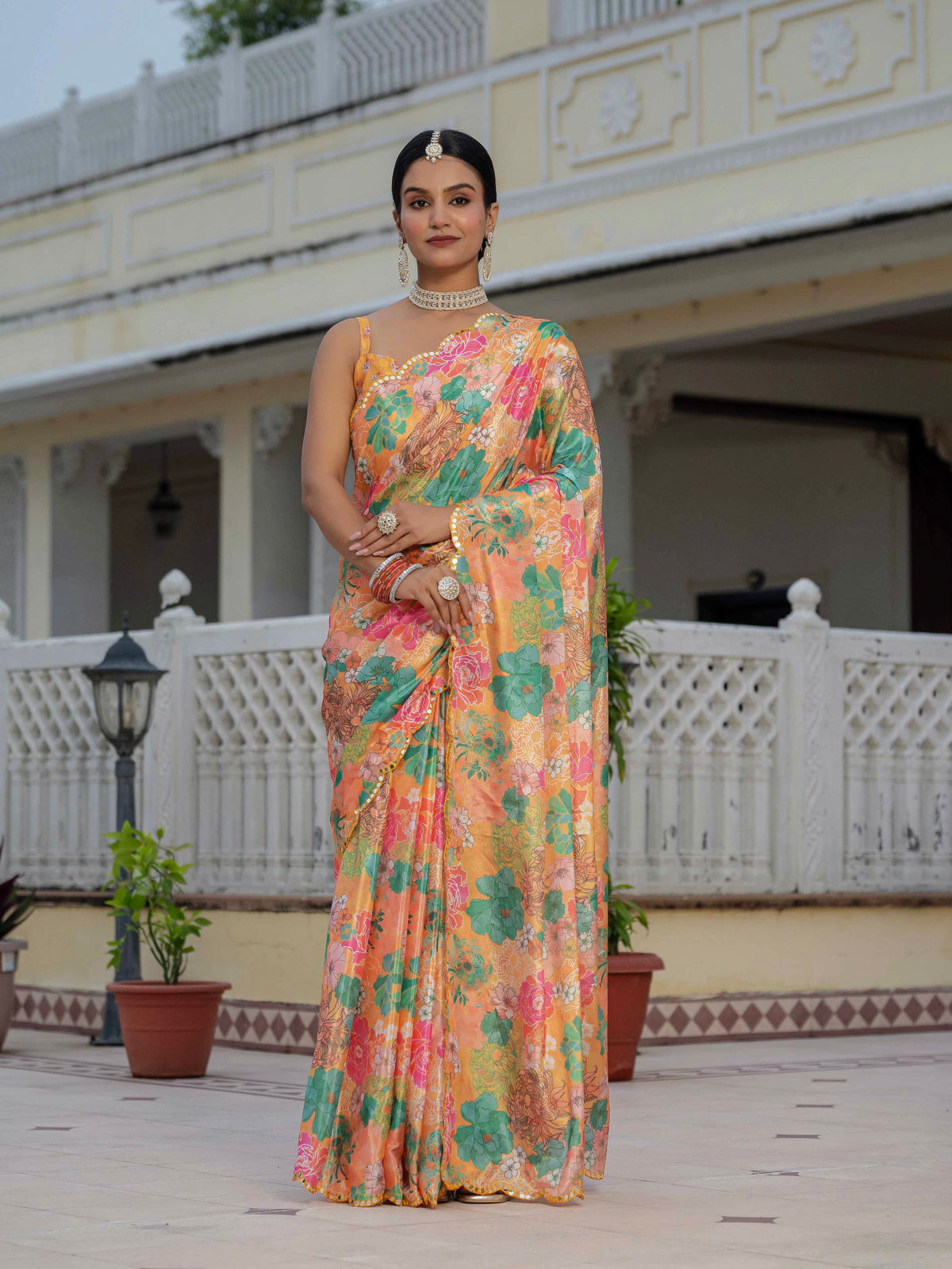 Peach Floral Heavy Chinnon Ready to Wear Saree for Women