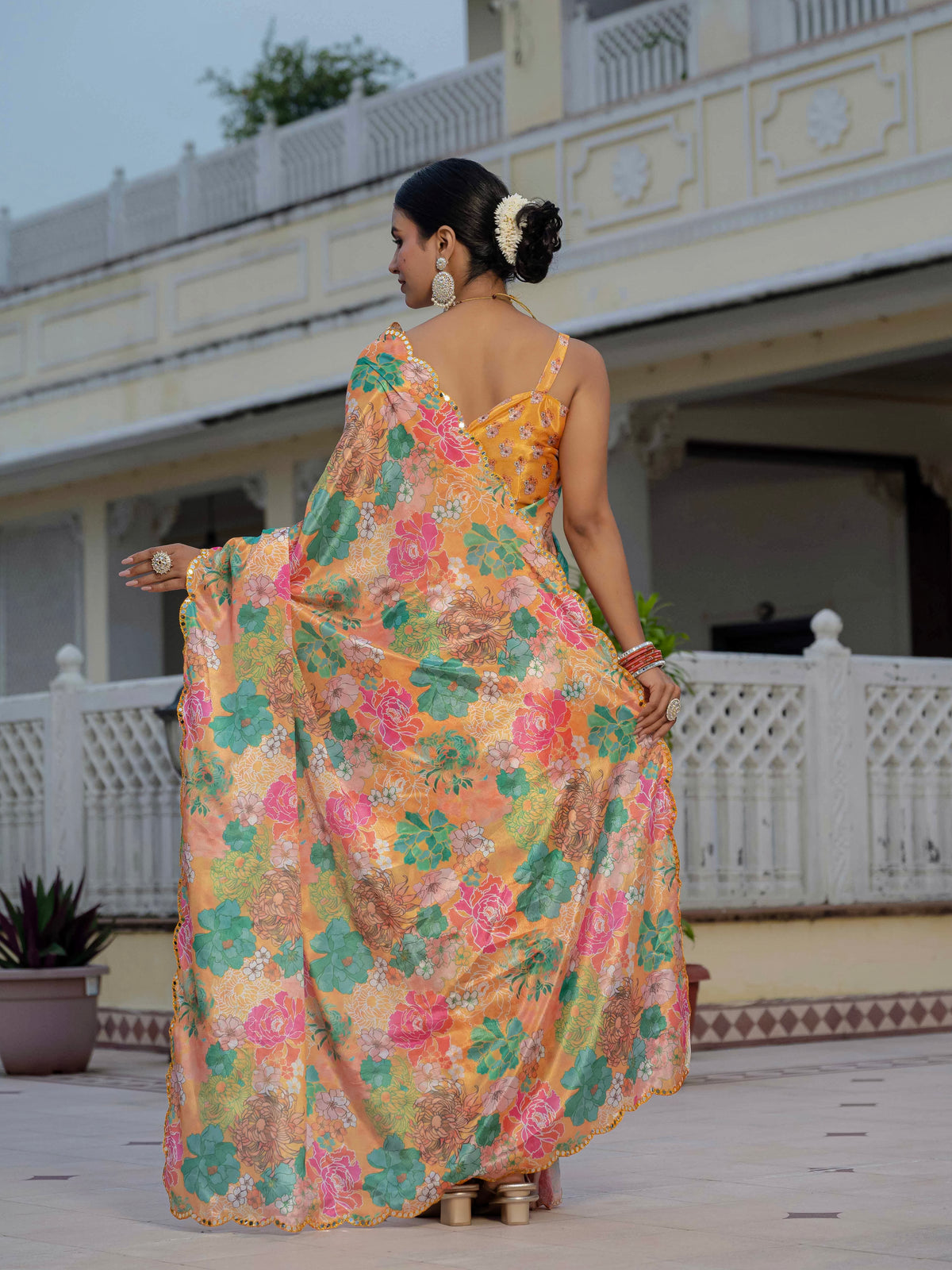 Peach Floral Heavy Chinnon Ready to Wear Saree for Women