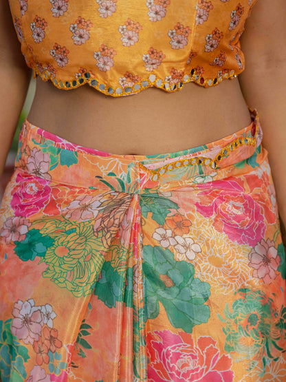 Peach Floral Heavy Chinnon Ready to Wear Saree for Women